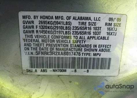 2010 Honda Odyssey Lx z USA, uszkodzony, nr VIN 5FNRL3H2XAB017476